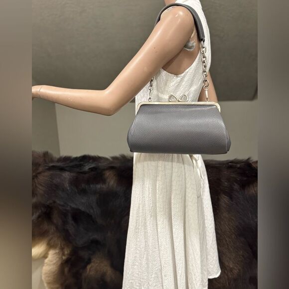 Gray Premium Cowhide Leather Handmade Bow Shaped Kisslock Baguette Bag/Crossbody - Picture 2 of 16